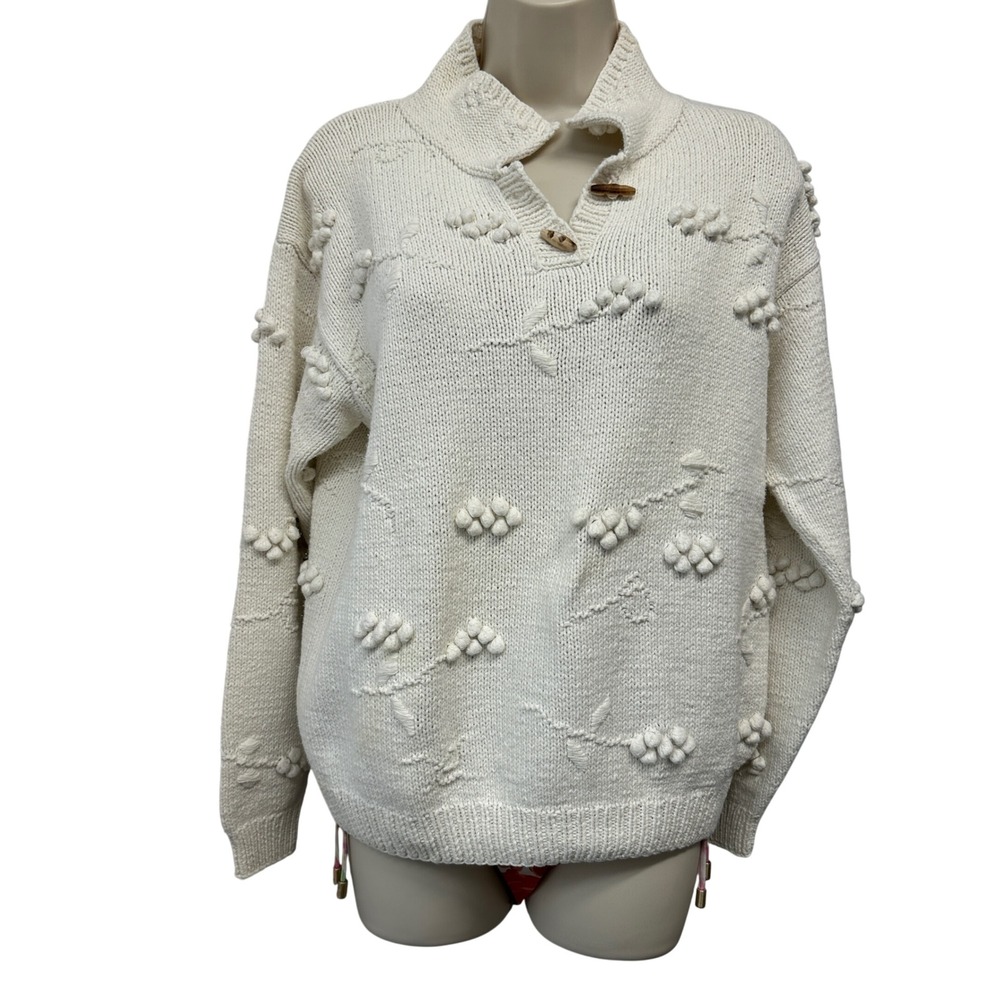 Real Clothes Saks Fifth Avenue Hand Knit Cotton Popcorn Floral Sweater Cream M